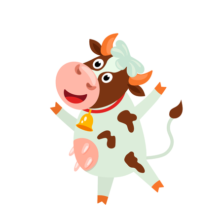 Cute cow with a funny face and a bell. funny character in cartoon style. flat vector illustration isolated on white backgrounのイラスト素材