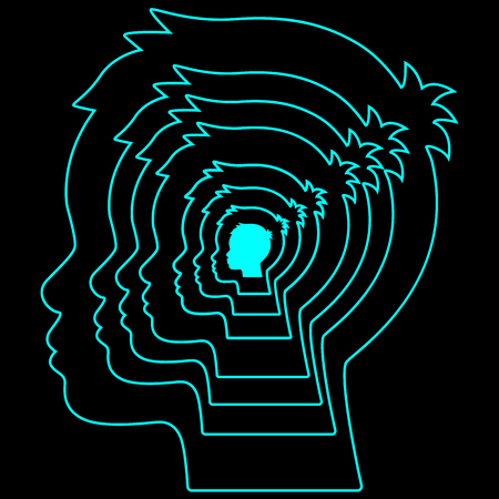 multi-layered human head. Conception of psychology, artificial and cosmic mind, mental health. vector illustration isolated on black backgroundのイラスト素材