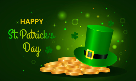 festive green banner or St. Patrick's Day greeting card. Traditional symbols are a pot of gold coins, clover leaves. vector illustrationのイラスト素材