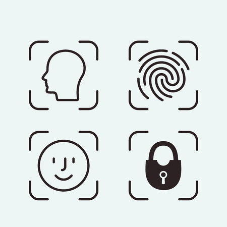 Tap the fingerprint identification icon. Identification pattern set. flat vector linear illustration on white backgroundのイラスト素材