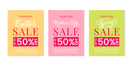 Bright set of discount templates for mothers day, easter sale and spring sales. Template for postcard, advertising, coupon, invitation, banner. vectorのイラスト素材