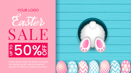 Colorful Easter banner offering 50% sale. Handwritten lettering with Easter symbols on a wooden texture background. vector illustrationのイラスト素材