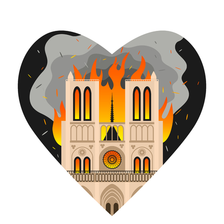 Notre Dame Cathedral burns in the heart of Parisians. Fire at Notre Dame de Paris. flat vectorのイラスト素材