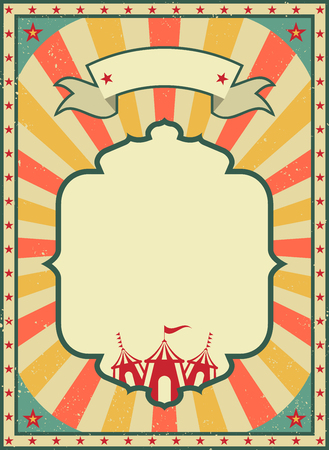 Old shabby American circus billboard in retro style. Vintage advertising poster with rays and aged background and ribbon. flat vector illustrationのイラスト素材