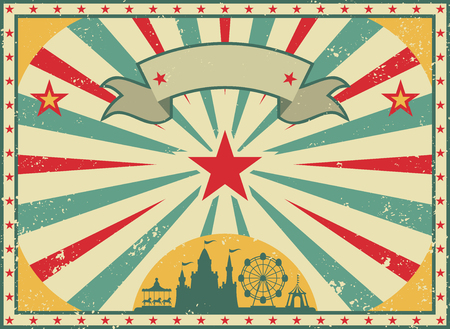 Old shabby American circus billboard in retro style. Vintage advertising poster with rays and aged background and ribbon. flat vectorのイラスト素材