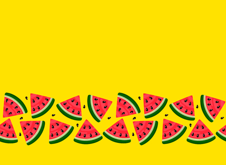 Slices of watermelon on a yellow background. Summer seamless texture with space for text. flat isolated vector illustration for web and print in cartoon styleのイラスト素材