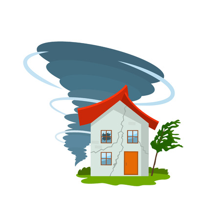 A devastating tornado destroys a house, a roof flies away, trees break. bad weather landscape and a sign of disaster and warning.のイラスト素材