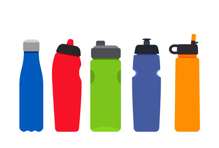 A set of plastic colored bottles for sports and fitness. Silhouettes of aqua mineral water containers. flat vector illustrationのイラスト素材