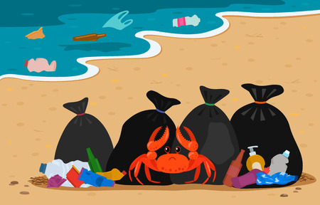 sea crab entangled in plastic on the background of landfills and garbage bags on the beach. polluted coast by human waste. Protect the environment. flat vector illustrationのイラスト素材