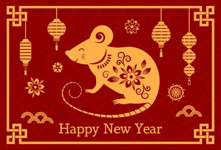 Greeting card with Chinese new year 2020 white rat on the astrological calendar. flat vectorのイラスト素材