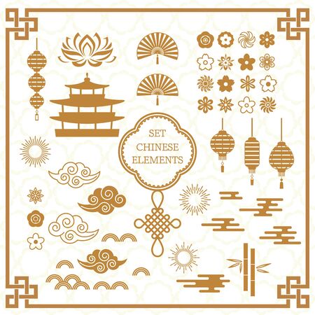 Set of Asian decoration elements for the Chinese banner template. flat vector illustration on the backgroundのイラスト素材