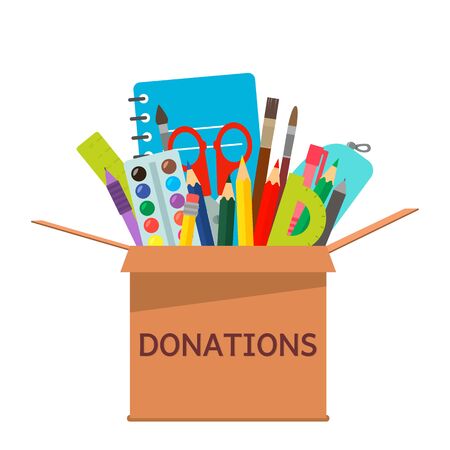 brown cardboard box for donations full of stationery to a school for poor people.のイラスト素材