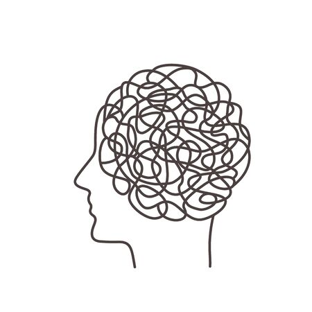Chaos in thoughts determines human behavior. concept of psychology. Human brains on the background of the profile of a person in a linear style.のイラスト素材