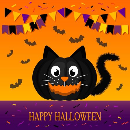 Greeting banner or invitation from happy Halloween. Cute black cat character carved from pumpkin for Halloween holiday.のイラスト素材