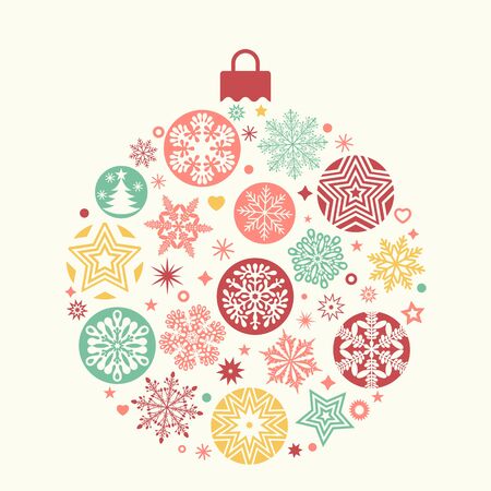 Vintage christmas ball consisting of various patterns of snowflakes and stars. Flat vector illustration isolated on white background in linear retro style. concept Xmasのイラスト素材
