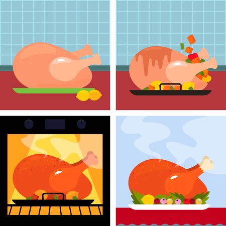 Step-by-step instructions for making Thanksgiving holiday turkey. Fresh, pickled, turkey in the oven and turkey with a golden crust. concept Xmas. vector illustrationのイラスト素材