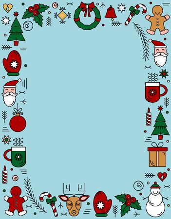 Chrismas frame of New Year's linear symbols, snowflakes and stars. New year holiday element. flat vector illustration isolated on white background. Christmas conceptのイラスト素材