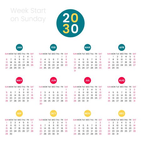 2030 simple calendar. calendar grid. The week starts on Sunday. flat vector illustration isolated on white backgroundのイラスト素材