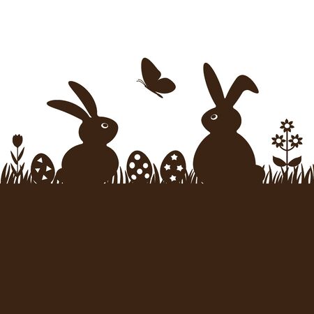 Invitation or greeting card with text Happy Easter. two rabbits are sitting in the green grass with Easter eggs.のイラスト素材