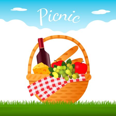 tasty wicker picnic basket with a bottle of red wine, fruit and cheese on green grass.のイラスト素材