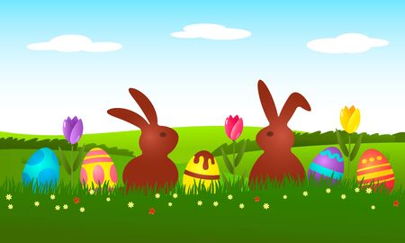 Invitation or greeting card Happy Easter. A cute chocolate bunny rabbit is sitting on the green grass with Easter eggs and flowers tulips and willow branches. vector illustrationのイラスト素材