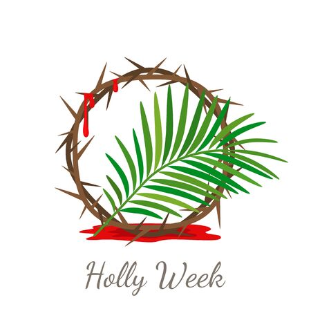 card a thorny wreath in blood and a palm branch. Good friday, good week, easter concept. vector illustrationのイラスト素材