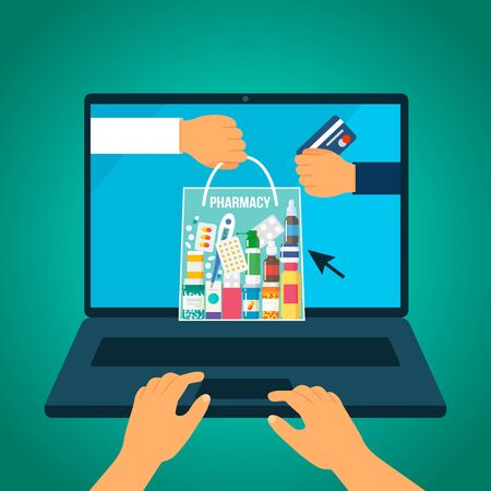 Online doctor consultation, online prescription and pharmacy. drug delivery via laptop.のイラスト素材