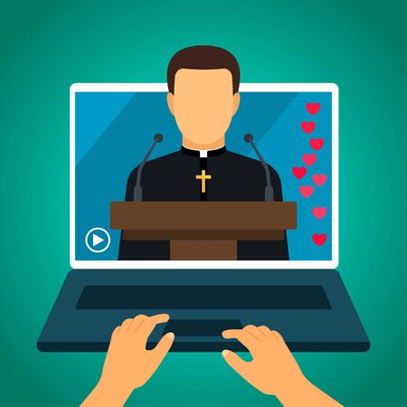 the pastor conducts church services online. Home church during quarantine due to coronavirus Covid-19のイラスト素材