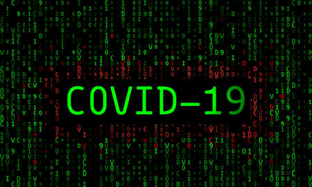 The inscription Covid-19 on the background of green bacteria of the flu of the coronavirus