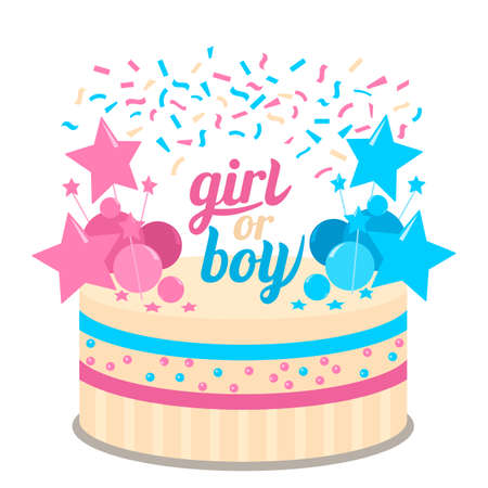 Festive kid's future birthday cake. Baby shower cupcakes for a girl and boy vector illustration isolated on white backgroundのイラスト素材