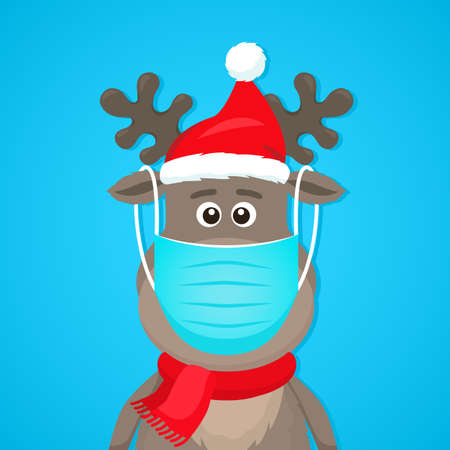 Funny character of a polar deer in a medical mask. Covid 19 prevention concept. Staying at home for Christmas and New Year. flat vector illustration isolateのイラスト素材