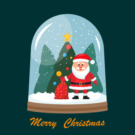 Christmas greeting card. Vector illustration of a glass snow globe with Santa Claus, a bag of gifts on the backgroundのイラスト素材