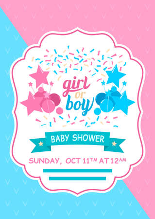Baby shower greeting card in pink and blue color in cartoon style. vector illustrationのイラスト素材