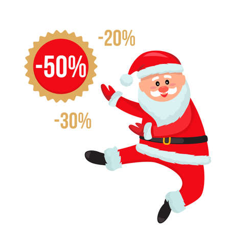 Jolly Santa Claus is jumping with joy from the Christmas sale. new year shopping concept. flat vector illustrationのイラスト素材