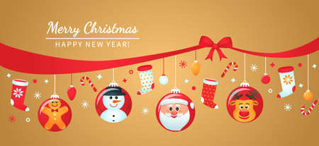 greeting card, Christmas poster or packaging. christmas balls with the faces of santa claus, elf girl, snowman, deer, gingerbread and other decorations with a congratulatory inscription. vectorのイラスト素材
