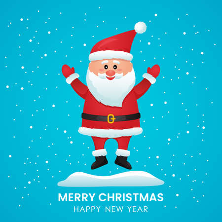 Santa Claus jumping out of a snowdrift. greeting card. flat vector illustration isolate on a blue backgroundのイラスト素材