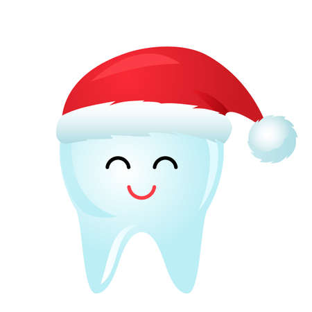 cute tooth character in red santa claus hat smiling. vector illustration. christmas and new year conceptのイラスト素材