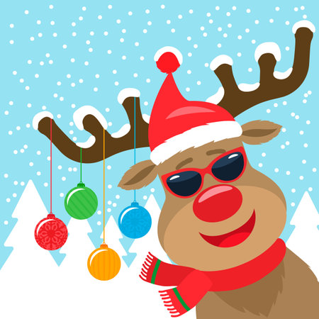 christmas greeting banner with a merry deer on the horns christmas balls. new year holidays concept. vector illustrationのイラスト素材