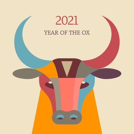 Happy Chinese New Year. white metal bull symbol of 2021, Chinese New Year. Template for banner, poster, greeting card. cut out of paper. translation from chinese - happy new yearのイラスト素材