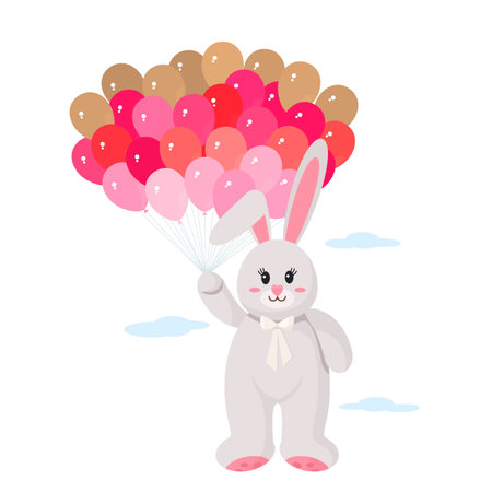 cute teddy bunny flying on air red and pink balloons. concept of congratulations for happy birthday, mother's day, valentine's day. vector illustrationのイラスト素材