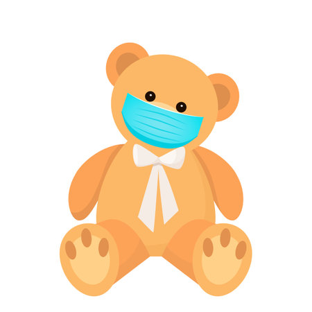 cute teddy bear in a medical mask as a quarantine symbol from covid-19. flat vector illustration isolated on white backgroundのイラスト素材