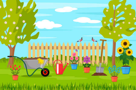 spring landscape in the garden with green grass, flowers, garden wheelbarrow, shovel. garden concept. vector illustrationのイラスト素材