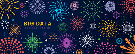 bright graphic fireworks on the night sky set of drawn abstract fireworks with place for text.