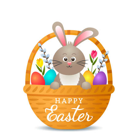festive easter card with easter bunny, basket, eggs, flowers, willow.のイラスト素材