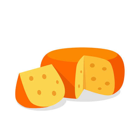 a circle of hard cheese with large holes and a cut triangular piece. vector illustration isolated on white backgroundのイラスト素材