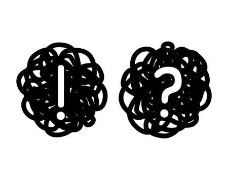 question mark and exclamation mark on a scribble background. answer and question concept. vector illustration isolated on white backgroundのイラスト素材