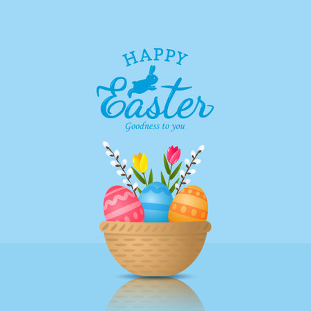 Happy Easter. Holiday card with Easter basket, eggs and flowers. Greeting lettering. vector illustrationのイラスト素材