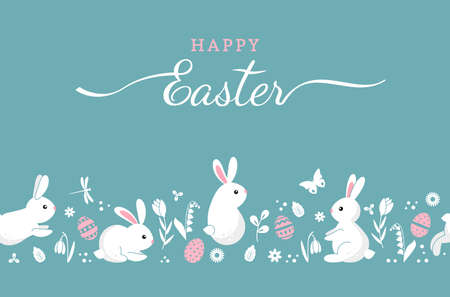 Funny Easter bunnies with eggs and flowers. Festive wrapping paper seamless pattern. happy Easter...