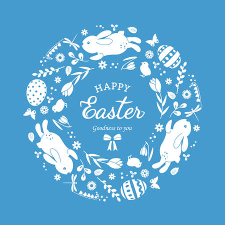 holiday card or banner template. Happy Easter cute Easter bunnies with eggs and flowers with a greeting lettering. vector illustration for print isolated on white backgroundのイラスト素材