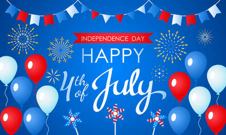 Happy American Independence Day 4th July greeting card. festive banner with a congratulatory inscription, fireworks, flags and balloons. vector illustrationのイラスト素材